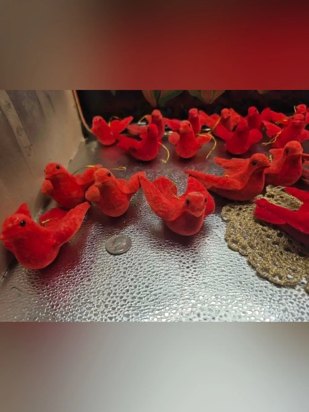 MCM Vintage Christmas Tree Ornaments Set 11 Flocked Red Felt Doves / Cardinals